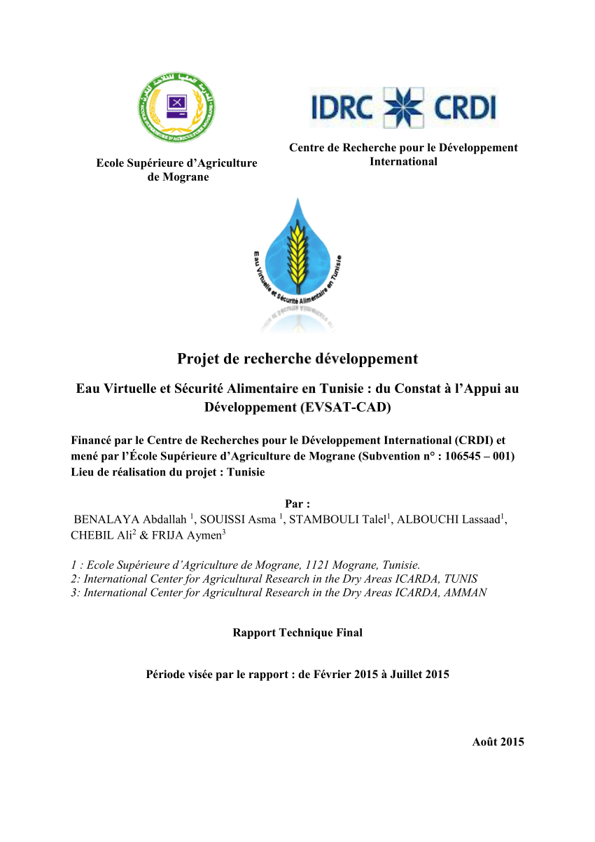 Virtual Water and Food Security in Tunisia: From Observation to Development Support (EVSAT-CAD)